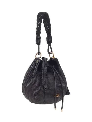 Bolsa Bucket  Rafia Preta Couro Preto Alça Preta Media 79076.25