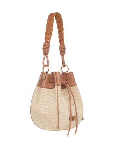 Bolsa Bucket  Rafia Natural Couro Caramelo Alça Caramelo Media 79076.25