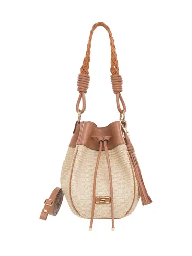 Bolsa Bucket  Rafia Natural Couro Caramelo Alça Caramelo Media 79076.25