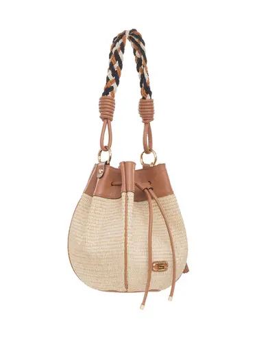 Bolsa Bucket  Rafia Natural Couro Caramelo Alça Mesclada Media 79076.25
