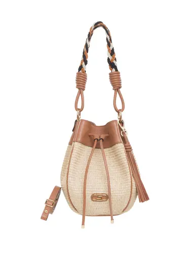 Bolsa Bucket  Rafia Natural Couro Caramelo Alça Mesclada Media 79076.25