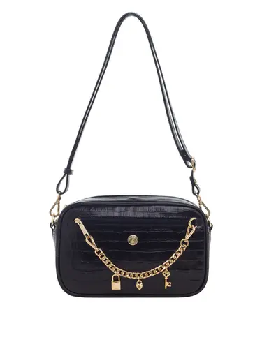 Bolsa Transversal Couro Croco Preto Médio 70008.26