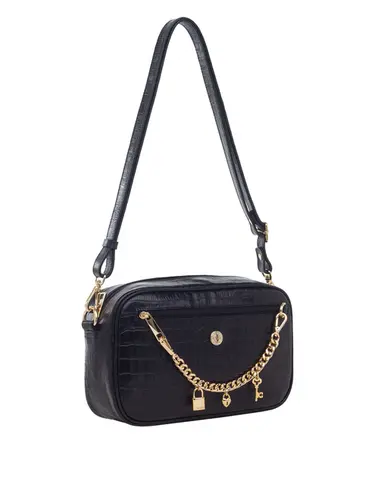 Bolsa Transversal Couro Croco Preto Médio 70008.26